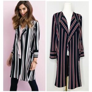 Frank Lyman Stripe Longline Open Front Stretch Knit Blazer Jacket Size 12